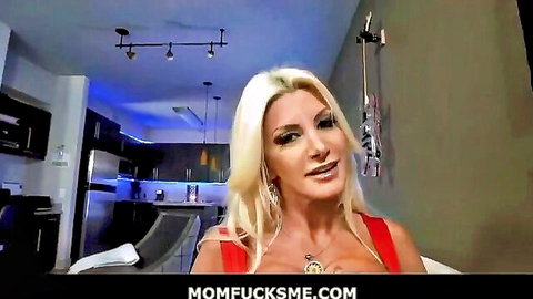 Blonde stepmom with huge tits in red dress POV blowjob tease
