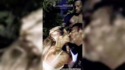 Blonde bride in white dress kisses muscular black bull in cuckold scene