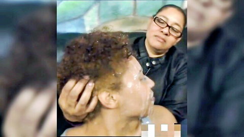Ebony mom and daughter in cum facial teaching scene