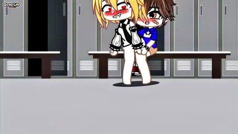 Blushing blonde anime girl hugged and groped from behind by brown-haired lover in locker room cartoon