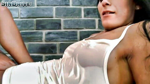 Latina babe in wet see-through tank top exposing breasts after piss play