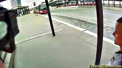 POV of buzzcut guy in glasses at bus stop eyeing horny teen for public fun
