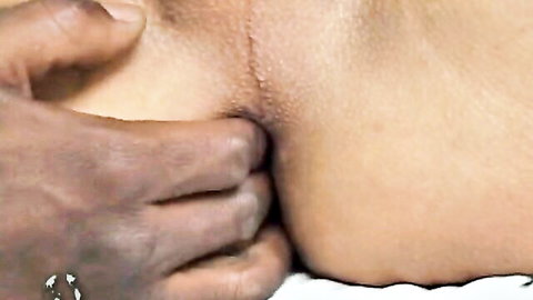 Blonde shemale spreads her tight ass for big black cock insertion