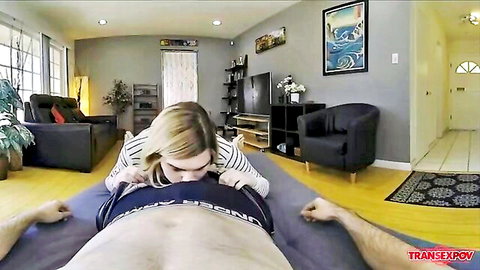 Blonde trans babe deepthroating cock in intense POV blowjob on living room floor