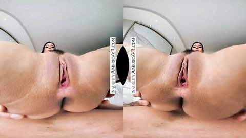 Busty Latina Hailey Rose spreads her shaved pussy wide, teasing close-up view