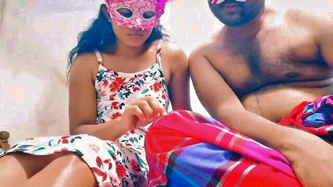 Masked Sri Lankan wife teases husband in floral dress