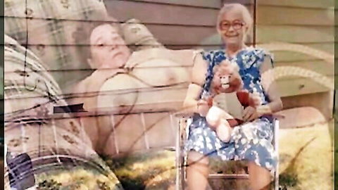 Granny in floral dress holds teddy bear on porch with ghostly naked woman showing huge tits