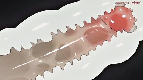Cartoon closeup of thick red veiny cock inserting into translucent ribbed white onahole toy
