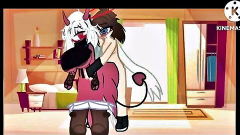 Hentai demon girl in red dress intimately hugging nude anime friend from behind