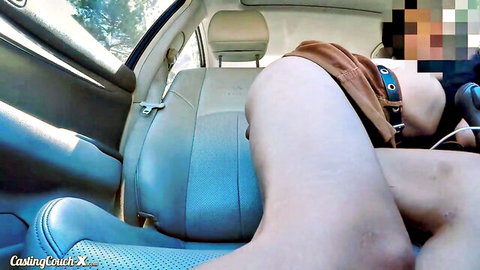 Jasmine Grey exposes in car seat, legs spread wide on Casting Couch X