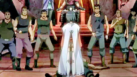 Anime fantasy girl in revealing white dress surrounded by muscular warriors