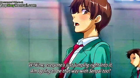 Surprised anime schoolboys in uniforms from hentai college orgy
