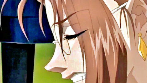 Seductive anime teacher with glasses smiling in side profile, hentai style