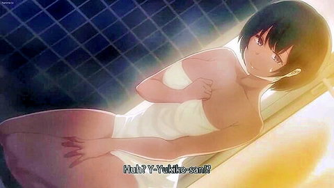 Anime girl Yukiko wrapped in towel, shy expression in bath scene