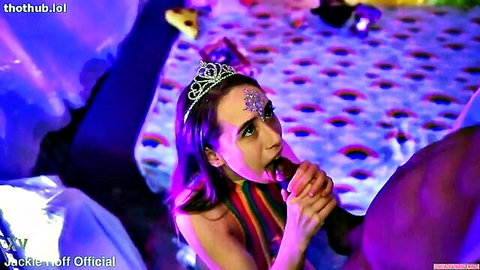 Slutty princess in tiara and rainbow outfit slurps thick BBC cock