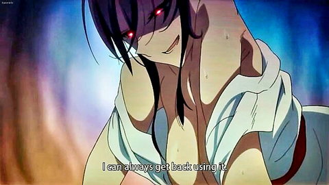 Seductive anime girl with purple hair exposing large breasts in open white shirt