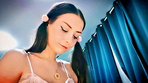 Brunette with pigtails in pink lingerie, ASMR oiled handjob eye contact