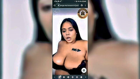 Sexy Latina with massive cleavage in black top for naughty talks