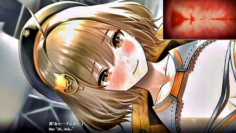 Blonde anime girl in military uniform with big tits smiling seductively