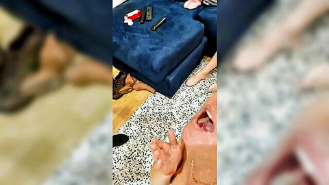 Amateur babe's open mouth dripping thick cum after blowbang cocks on couch
