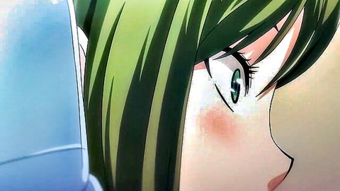 Blushing green-haired hentai girl's seductive green eyes and flushed cheek closeup