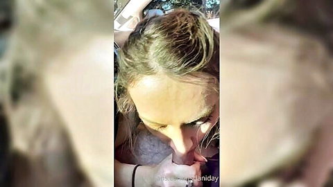 Blonde teen sucking big dick in car, amateur close-up blowjob