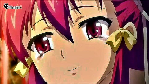 Teary-eyed anime girl with red eyes and pink hair smiling in hentai scene