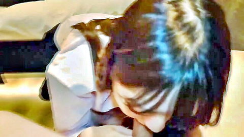 Asian amateur in white shirt giving blowjob closeup