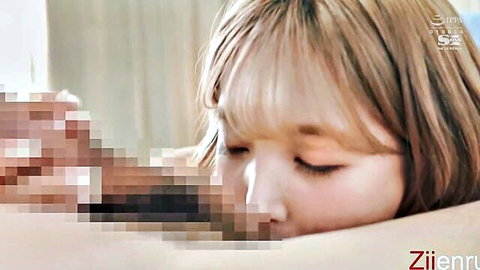 Blonde Asian woman in intimate embrace, eyes closed in ecstasy, censored nudity