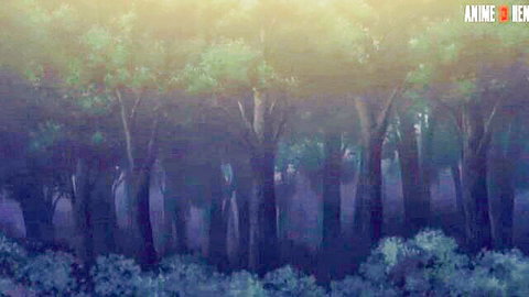 Anime hentai forest scene at dusk, lush green trees in soft light, uncensored series