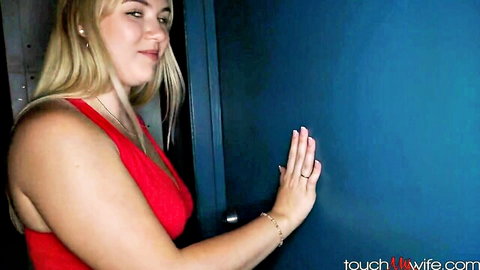 Blonde wife in red dress teases at door with wedding ring visible