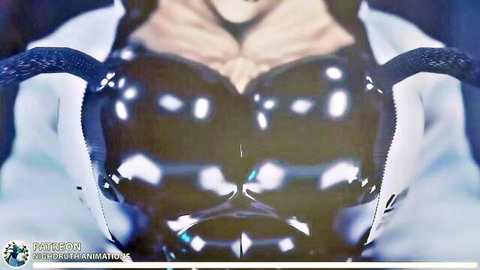 Shiny black latex muscular pecs and ripped abs on cartoon hunk in open lab coat