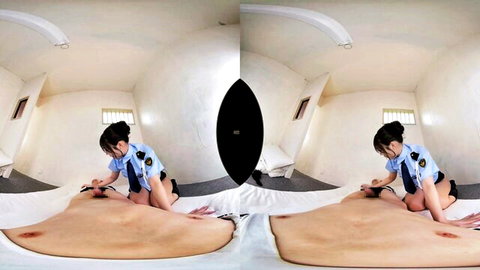 Asian police babe in uniform stroking erect cock on bed in VR