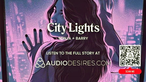 Seductive anime woman with long hair poses in neon city lights for erotic audio story promo