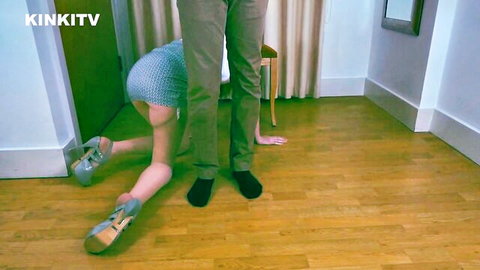 Petgirl Alexa crawling on all fours in short dress and high heels during BDSM interview