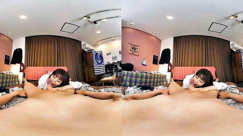 Naked Japanese babe lies on bed with legs spread wide exposing shaved pussy and perky tits in POV VR scene