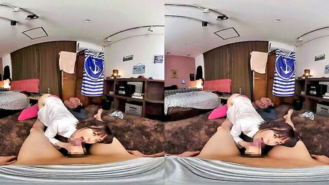 Nude Japanese babe spreads wet pussy wide in POV VR selfie on bed with medium tits