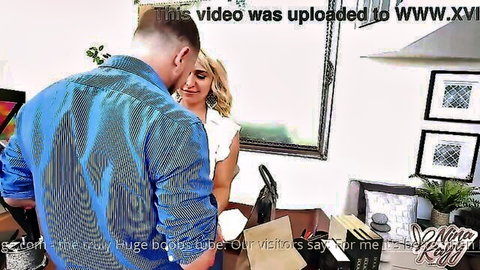 Blonde office MILF with huge tits smiles as stud approaches to fuck her