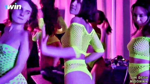 Hot Pearl in steamy Russian orgy with women in green mesh lingerie