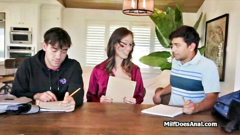 Asian housewife in silk blouse tutors two studs before DP threesome