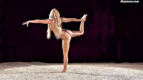 Blonde Andreykina big tits nude gymnastic pose, flexible yoga stance