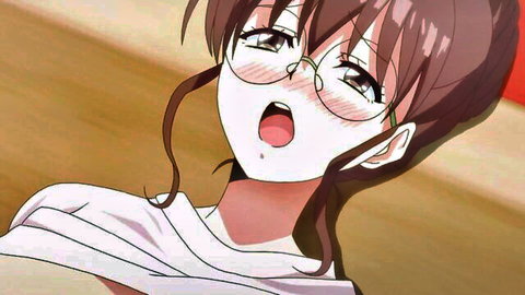 Anime maid with glasses in erotic hentai scene, brown hair, open mouth and cleavage