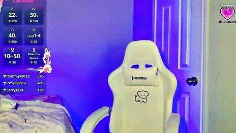 Purple neon lit webcam room with white Tracir gaming chair and chat overlay for sexy solo striptease.