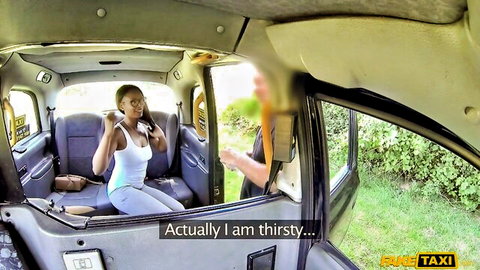 Ebony Lola Marie thirsty and seductive in fake taxi with driver