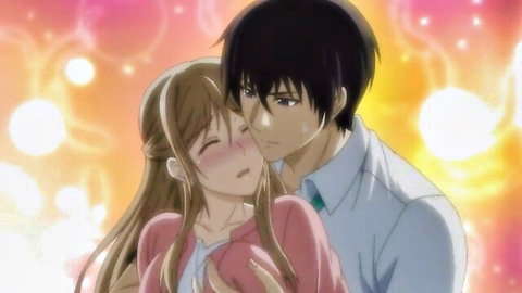 Anime couple in romantic nuzzle, flushed embrace from Oshiego Season