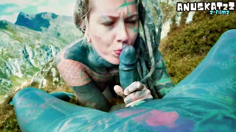 Tattooed blonde sucking dildo outdoors in Alps mountains POV