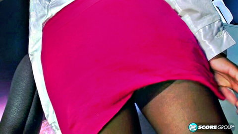 Armani Black bending over in pink mini skirt and black stockings