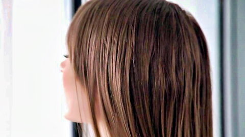 Brunette woman posing in mirror, long hair and glossy lips, Passion HD tease