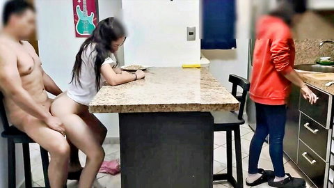 Latina stepdaughter seduces daddy while cuckold wife watches in kitchen