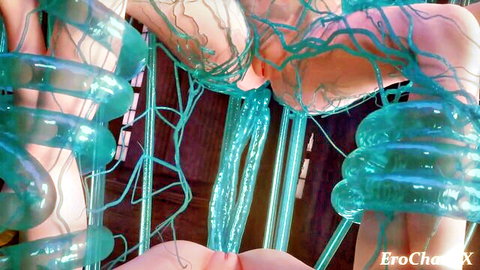 EroChanFX in cyan tentacle bondage, nude legs and explicit groin view